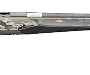 Camouflaged hunting rifle against white background