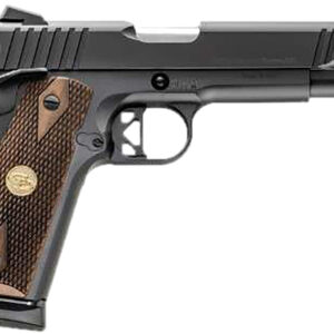 Handgun with wooden grip and black finish.