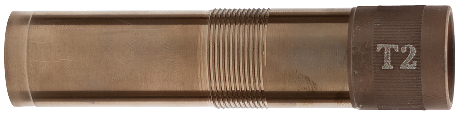 Bronze cylindrical tube with threading on one end.