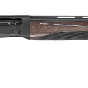 Side view of a shotgun with wooden stock.