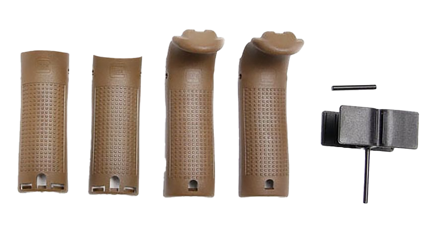 Set of tan grip accessories for firearms.