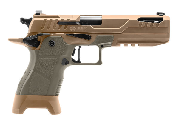 Side view of a modern tactical handgun.