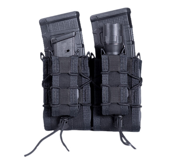 Dual magazine pouch with flashlight attachment.