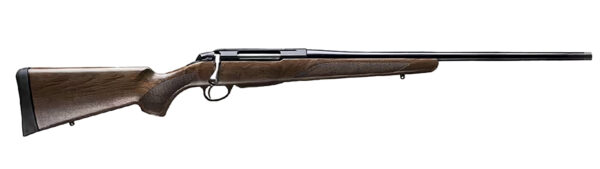 Side view of a wooden hunting rifle.