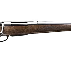 Side view of a wooden stock rifle.
