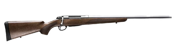 Side view of a wooden stock rifle.