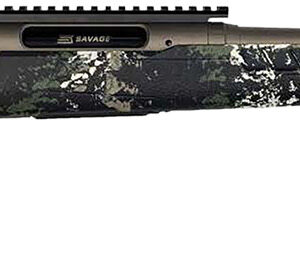 Profile view of a camouflaged rifle.