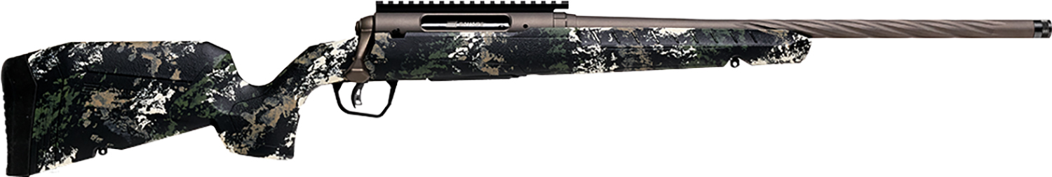 Camo-patterned rifle on a white background.