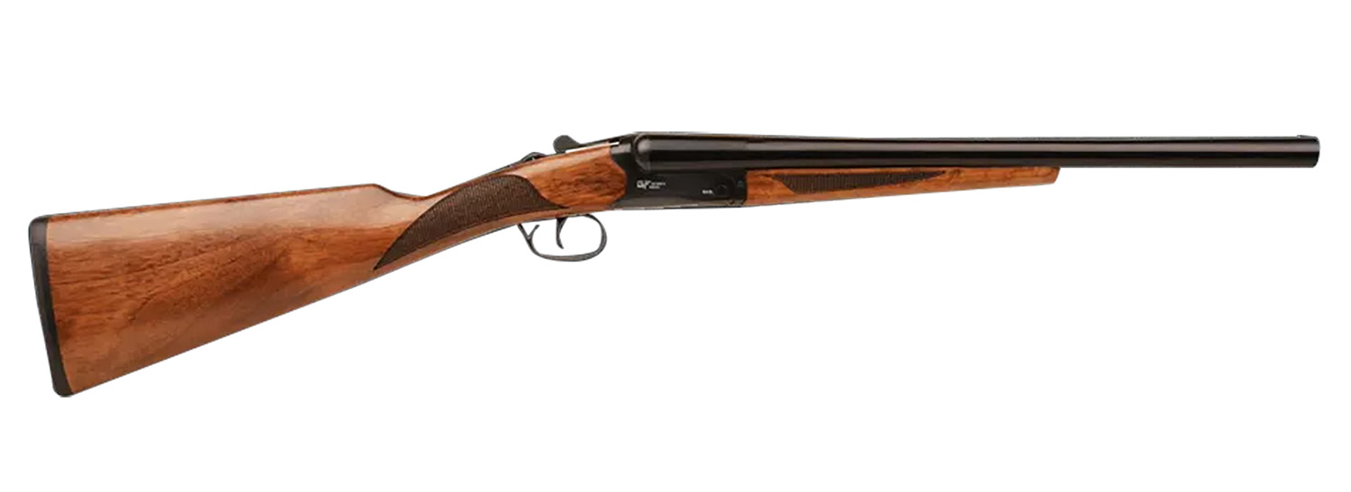 Side view of a double-barrel shotgun.
