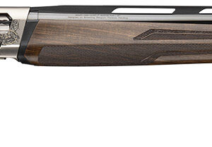 Side view of a sleek shotgun with wooden stock.