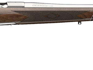 Sleek, wooden stock rifle with silver barrel.
