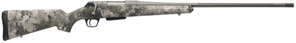 Camo-patterned hunting rifle on white background