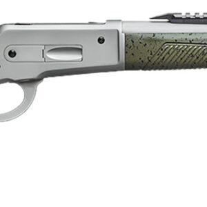 Side view of a modern rifle with green stock.