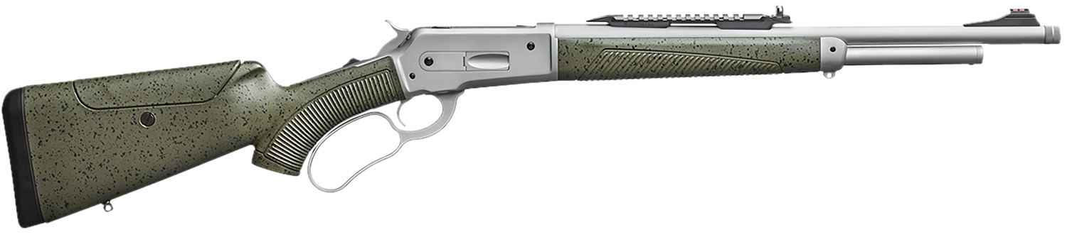 Side view of a modern rifle with green stock.