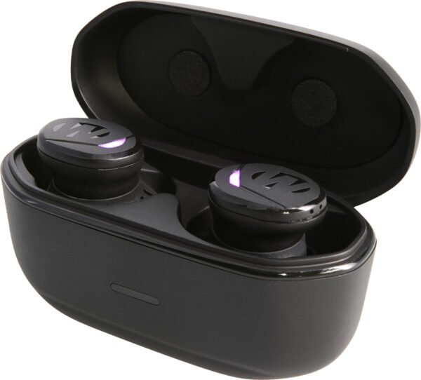 Wireless earbuds in charging case with LED indicators.