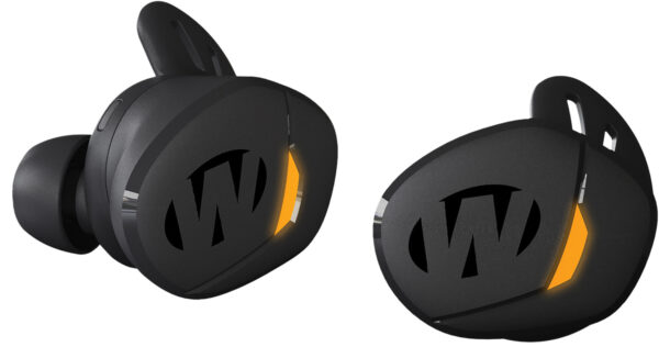 Black wireless earbuds with a distinctive logo