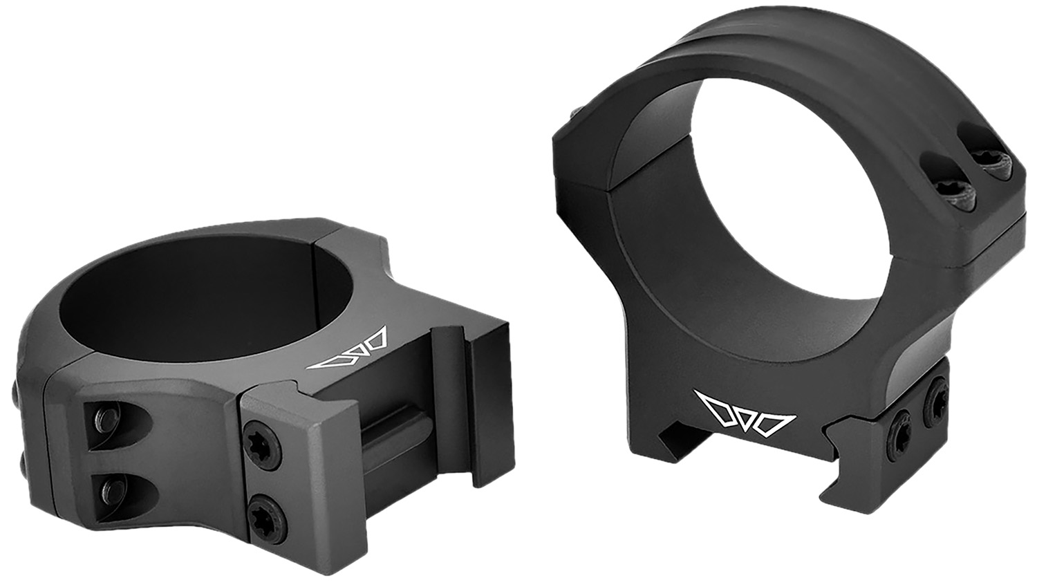 Two black scope rings for firearm mounting.