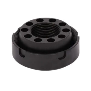 Black threaded connector with multiple holes.
