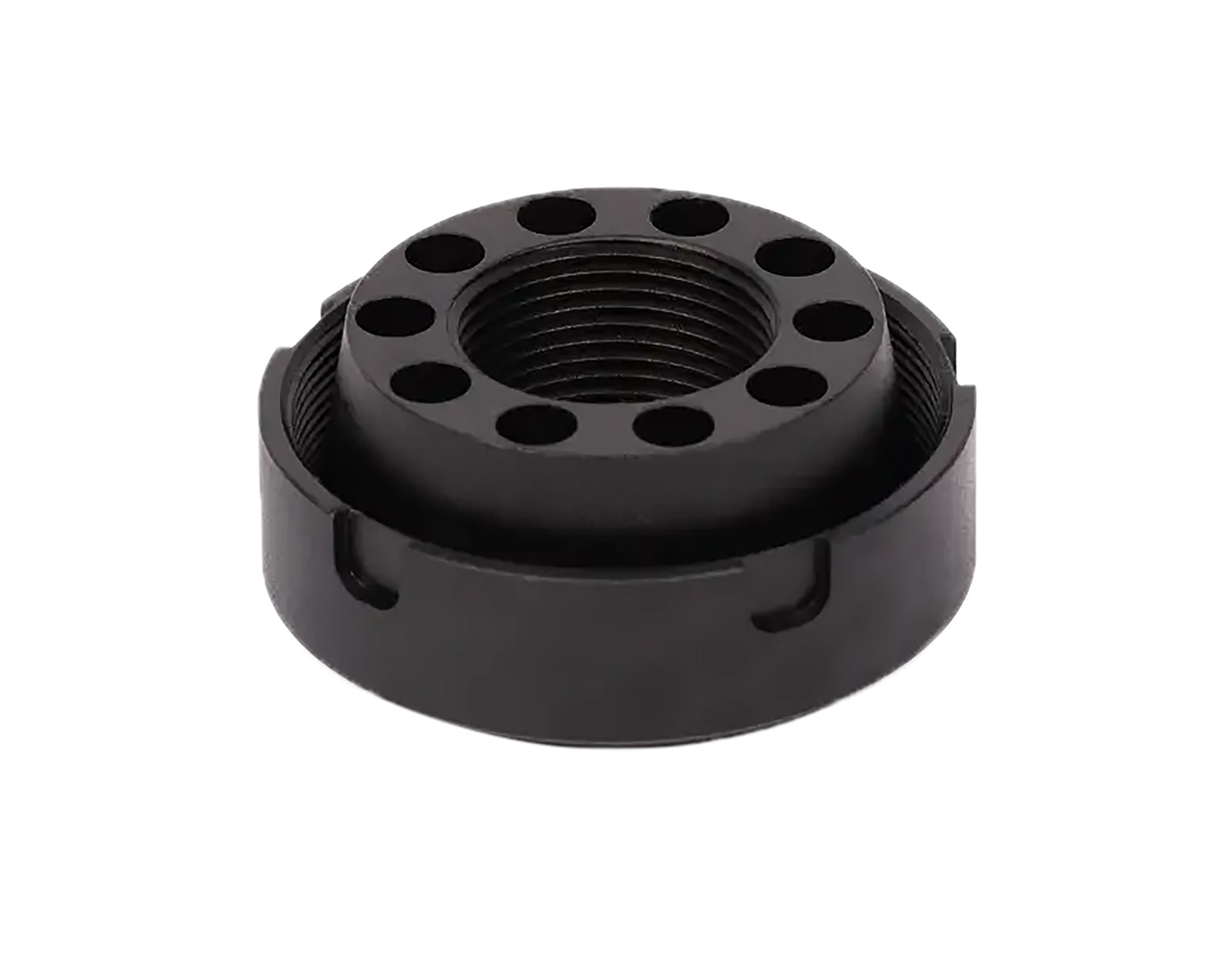 Black threaded connector with multiple holes.