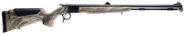 Side view of a camouflage-patterned rifle.