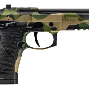 Camouflaged handgun with modern design features.