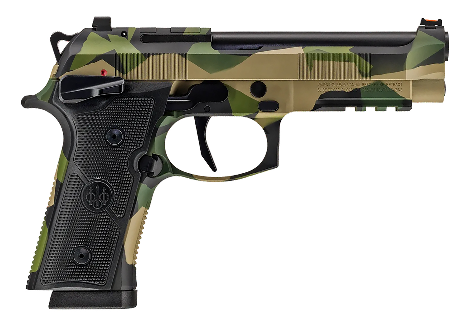 Camouflaged handgun with modern design features.