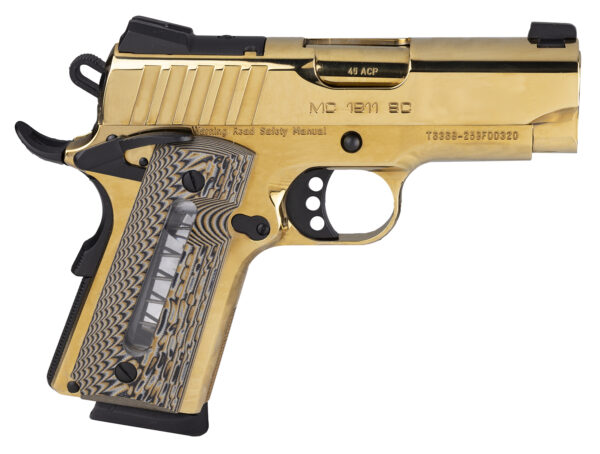 Gold-colored semi-automatic handgun side view