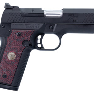 Black semi-automatic pistol with red grip.