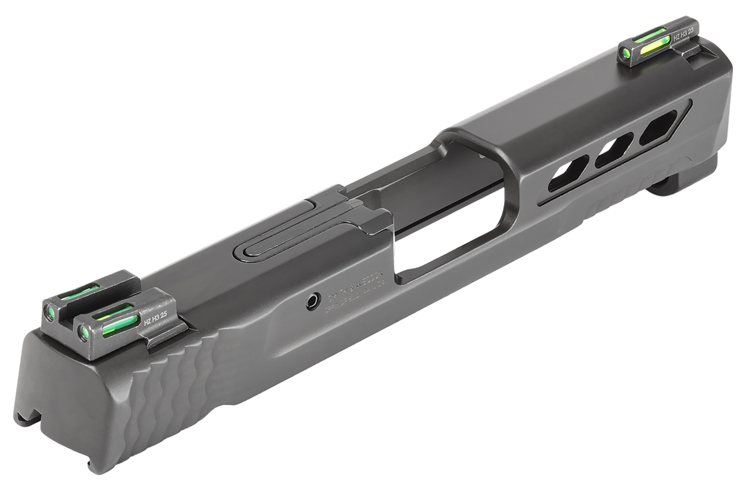 Close-up of a firearm slide with green sights.