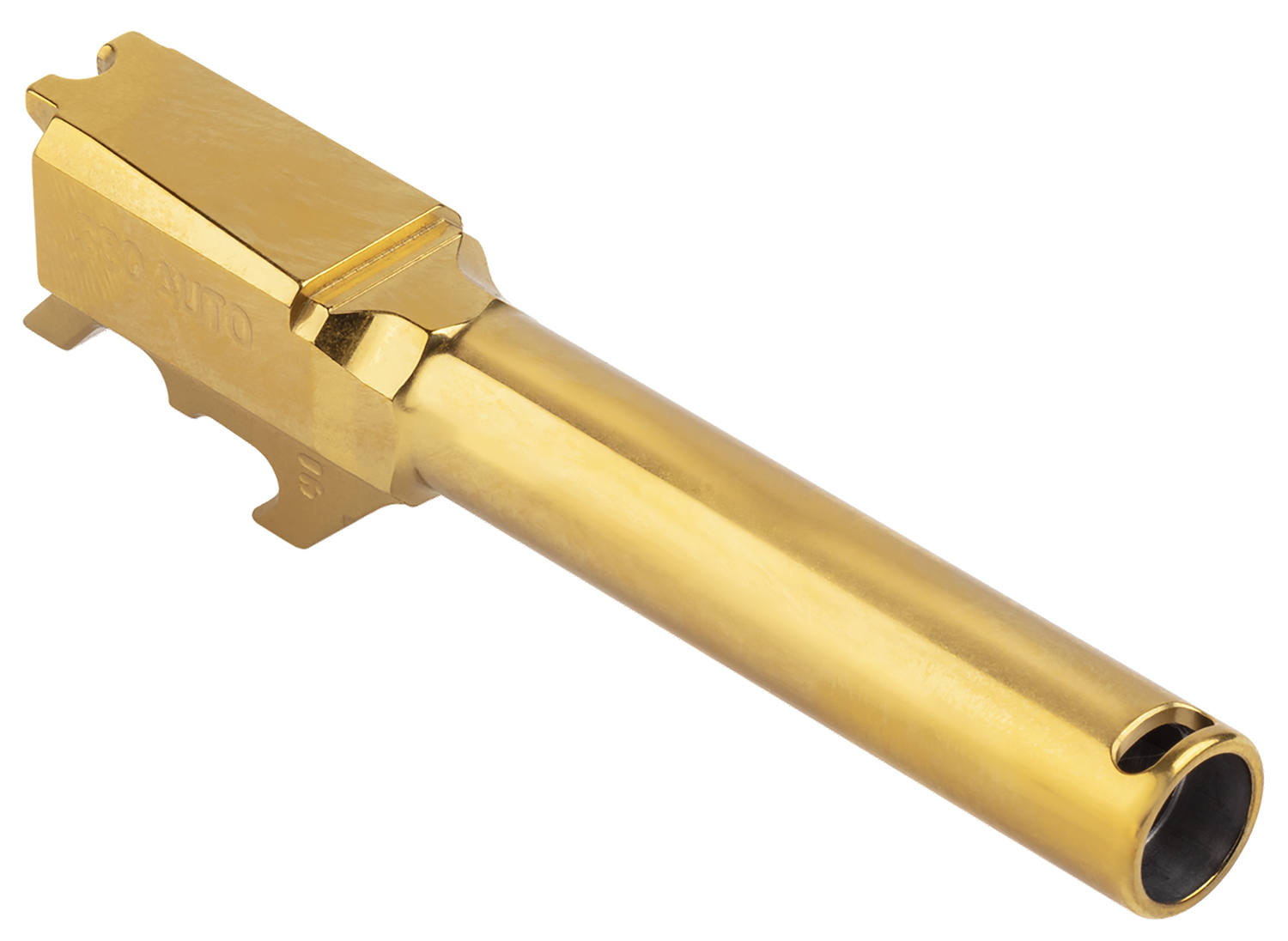 Shiny gold gun barrel close-up.