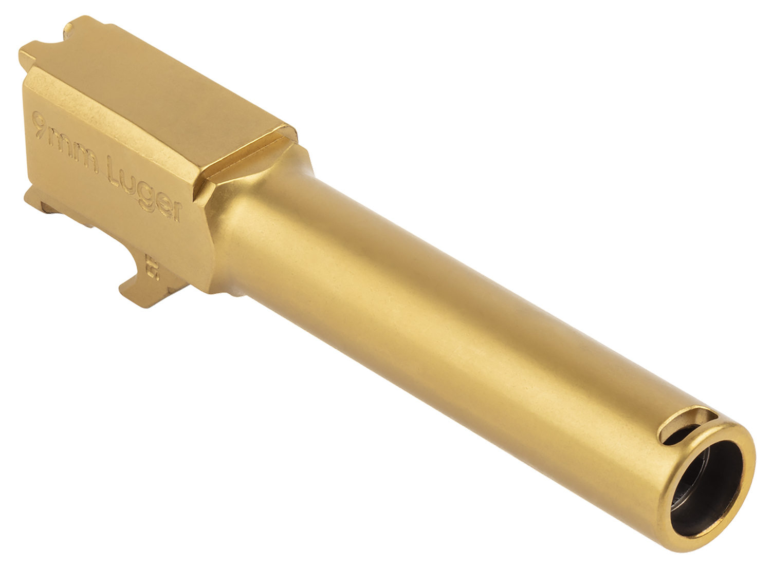 Gold 9mm Luger gun barrel close-up