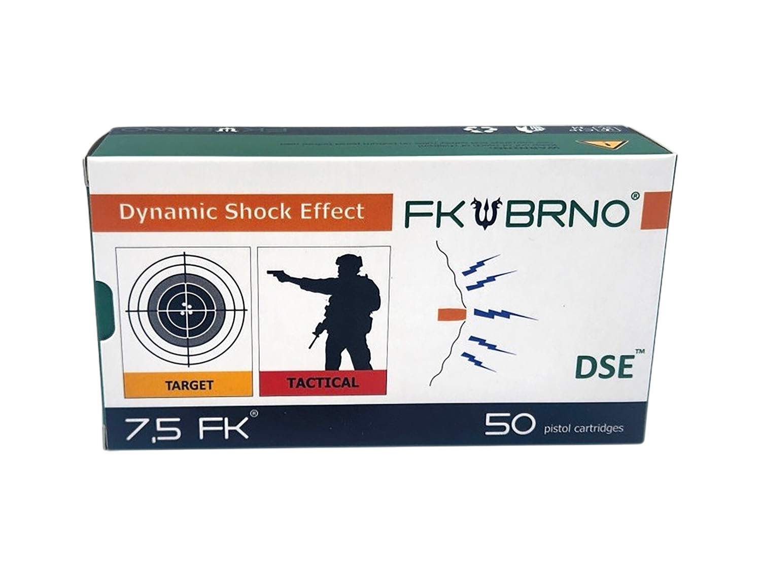 Box of FK Brno 7.5 FK pistol cartridges.