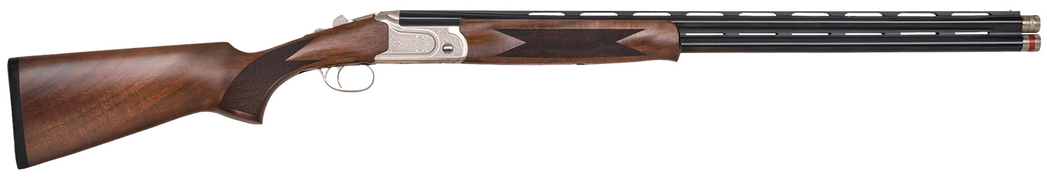 Detailed side view of a shotgun with wooden stock.