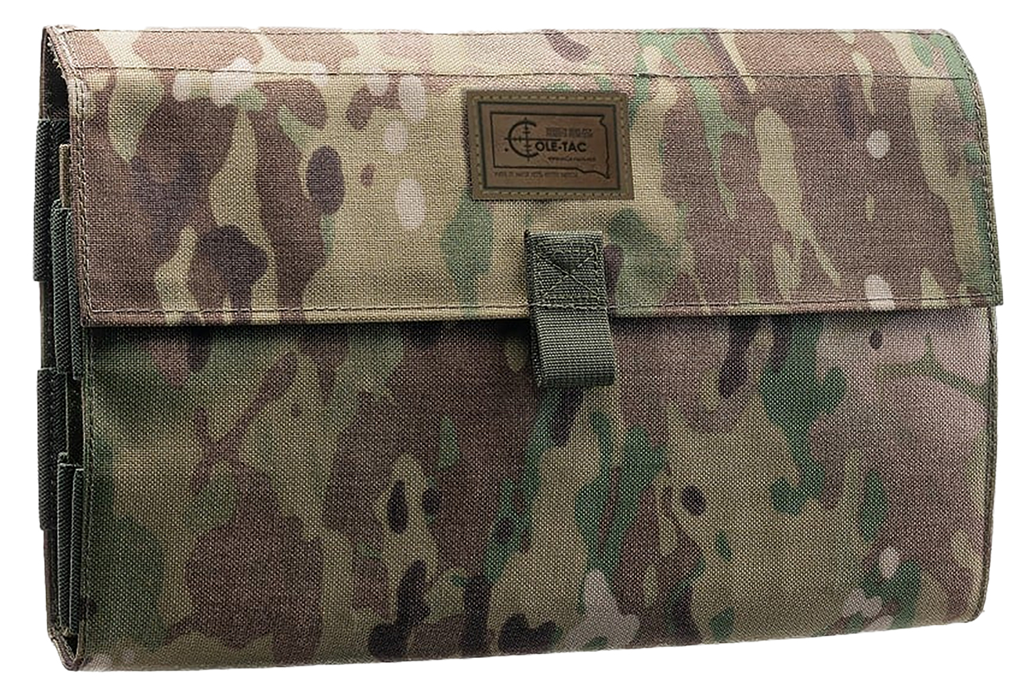 Camouflage utility pouch with fold-over flap.