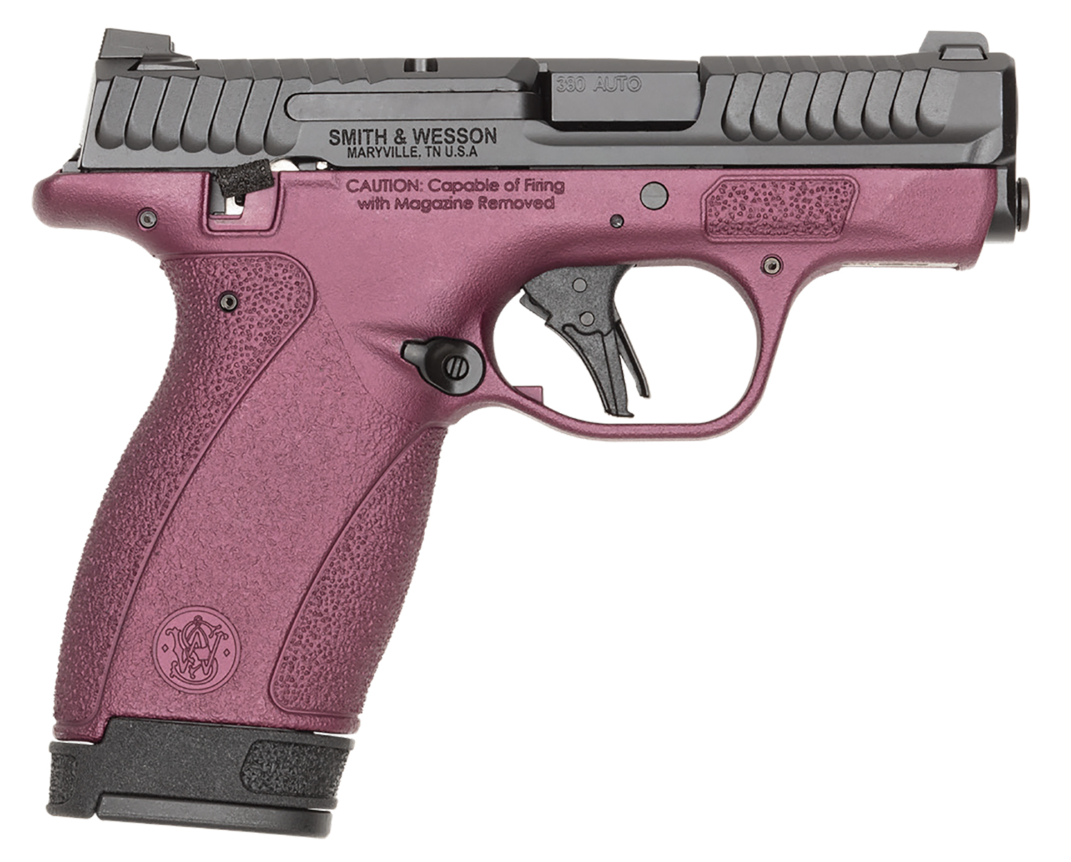 Purple Smith & Wesson handgun with safety features.