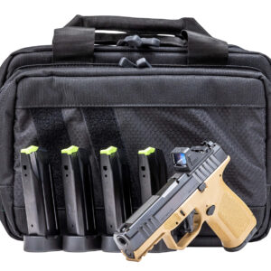 Handgun and magazines in a black tactical bag.