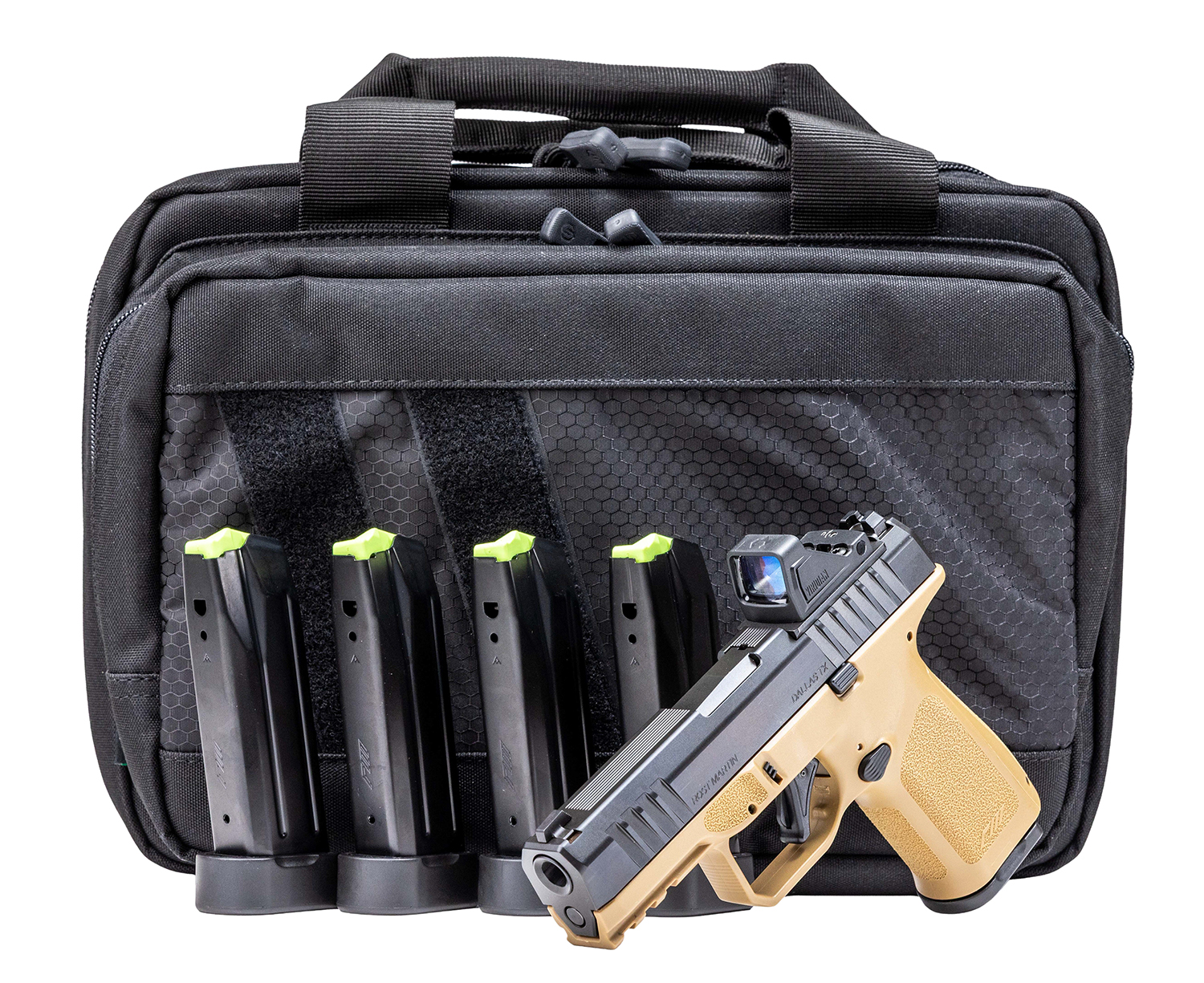 Handgun and magazines in a black tactical bag.