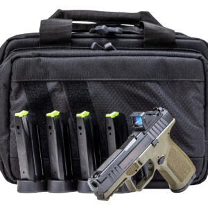 Handgun and magazines in a carrying case.