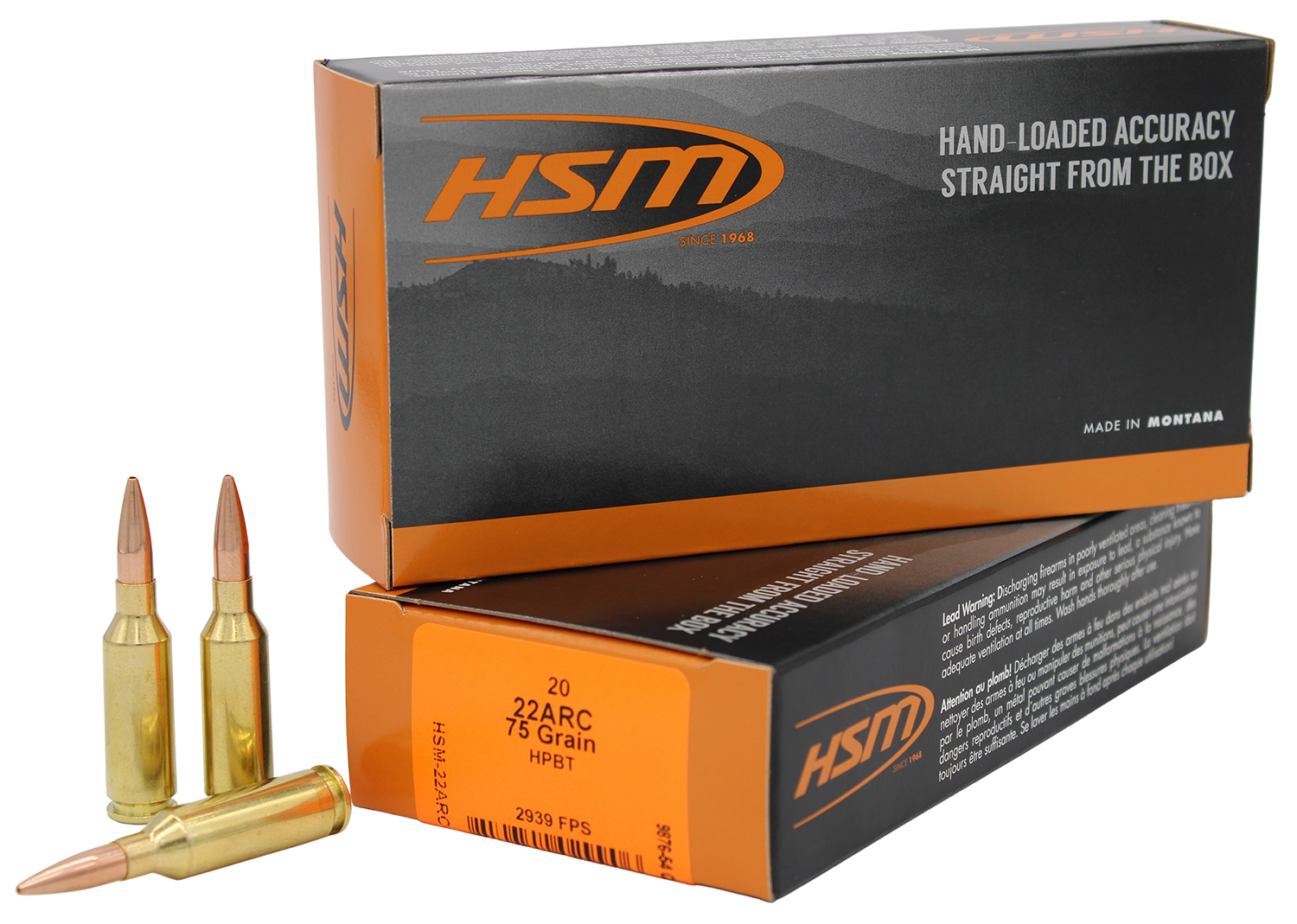Boxes of HSM .22 ARC ammunition with cartridges