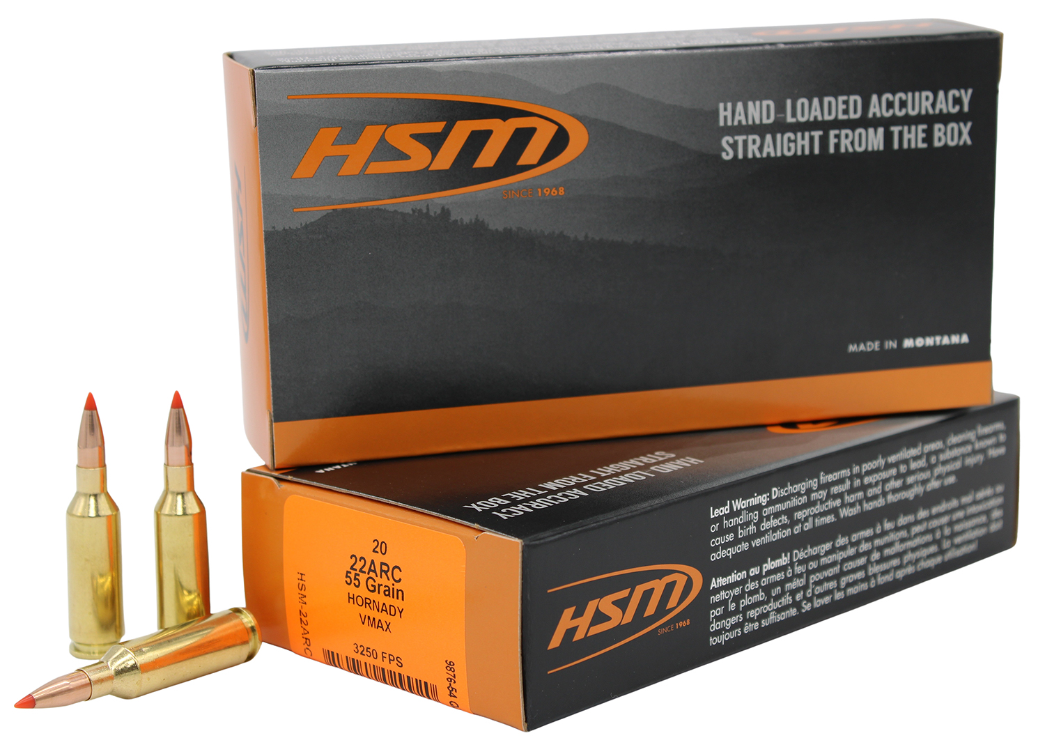 HSM .22ARC ammunition box with cartridges