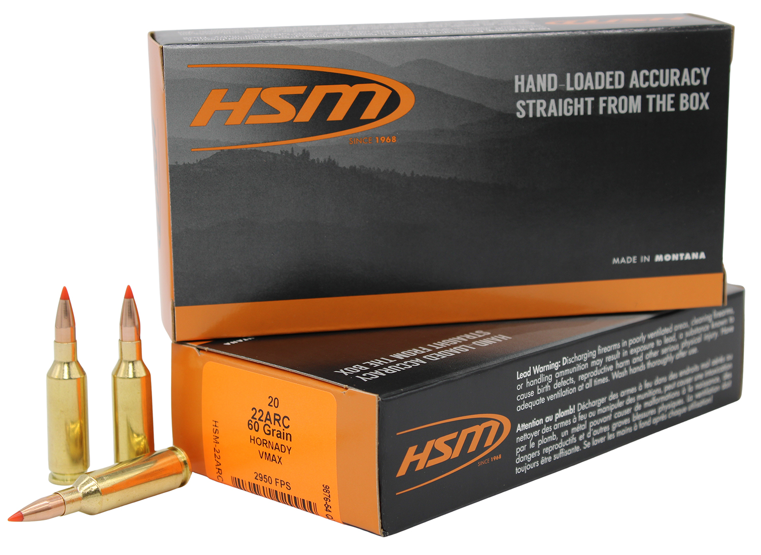 Box of HSM hand-loaded ammunition with cartridges