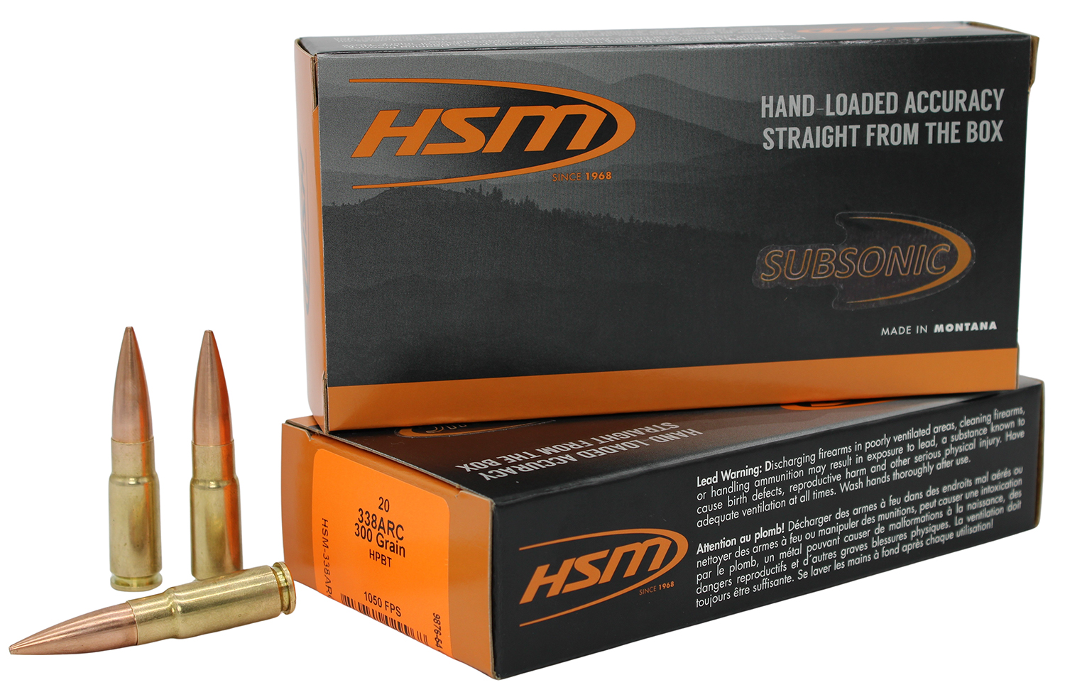 HSM subsonic ammunition box with bullets