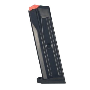 Black firearm magazine with orange tip