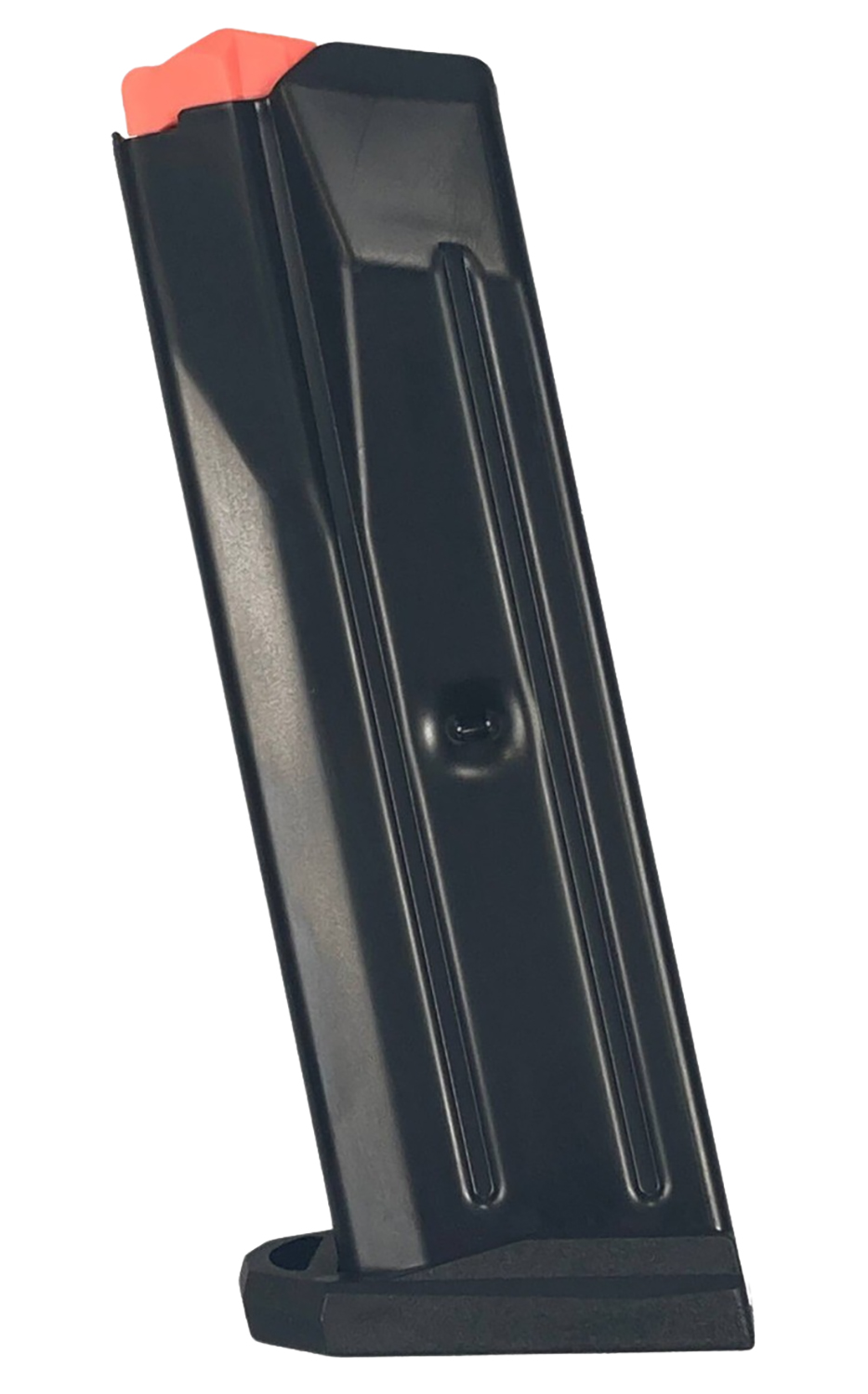 Black firearm magazine with orange tip