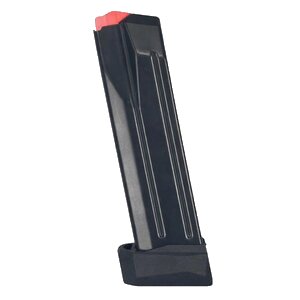 Black firearm magazine with red tip.