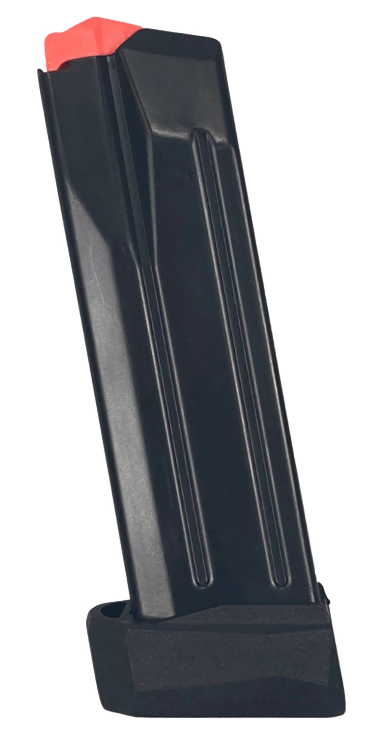 Black firearm magazine with red tip.