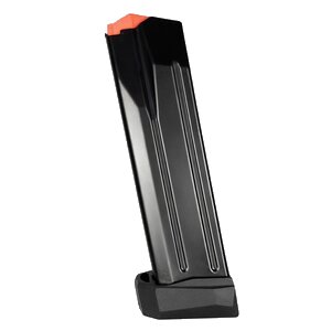 Black firearm magazine with orange tip.