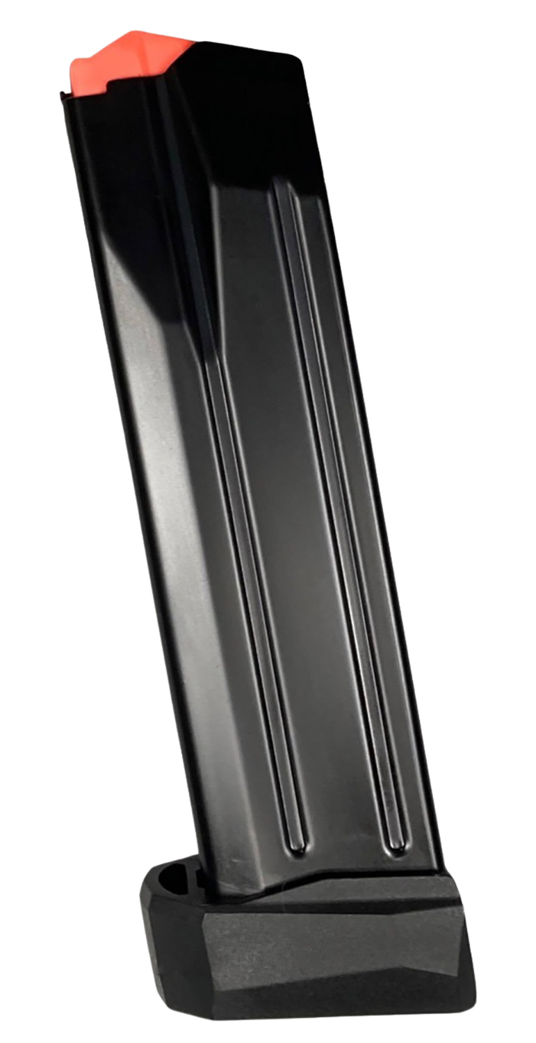 Black firearm magazine with orange tip.