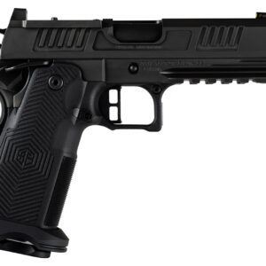 Black handgun on a white background.