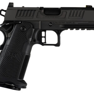 Black semi-automatic pistol with textured grip.